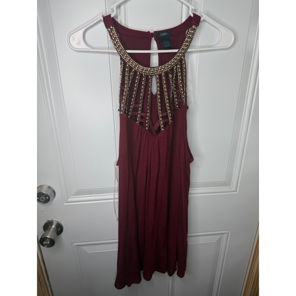 Rue21+ Womens 3X Burgundy Embellished Cage Neck Halter Top Rhinestone Gold Bead